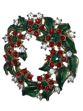 Christmas Wreath Brooch Red Green Rhinestone Pendant Option Gold Tone